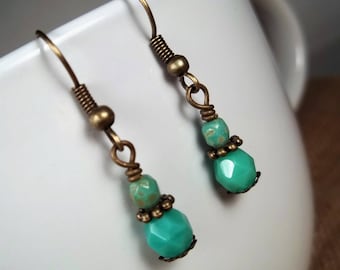 Antique Bronze Teal Picasso Czech Glass Statement Dangle Earrings