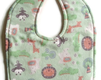 FREE SHIPPING TO U. S. ~ Reversible Flannel Baby Bib - Green and Peach Flannel Bib - Jungle Animals Bib - Gender Neutral Baby Bib