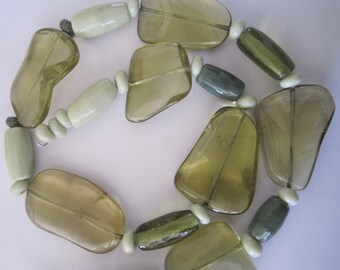 Olive Green TUBES & STONES - 28 Handmade Lampwork Glass Beads