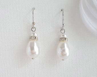 Bridal Pearl Dangle Earrings Simple Pearl Wedding Earrings Rose Gold Bridesmaid Earrings Swarovski Pearl Drop Earrings Wedding Jewelry, June