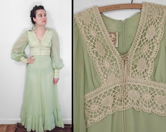 Reserved for K. Gunne Sax Dress Peasant 70s Honeydew Green XS Ethereal Hippie