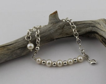Dainty, Pearl and Sterling Silver Rolo Chain Bracelet with Puffy Heart Charm; One Size Fits All