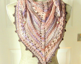 SALE - Handknit Women Triangle Scarf Shawl Style Neckwrap with Bead Dangles - Lavender and Pinks