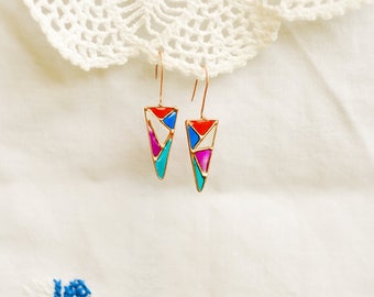 Triangle earrings. Vitrage earrings. Colored earrings. Carnaval earrings. Stained glass earrings.