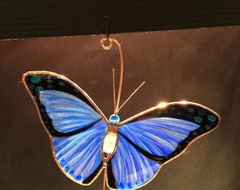 Blue Morpho Butterfly stained glass suncatcher