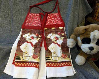 Hanging Printed Kitchen Terry Tie Towels, Red Flower Calico Print Top