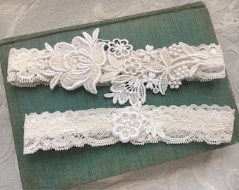 Lace Wedding Garter Set, Ivory Garter Set, Lace Garter, Toss Garter, Simple Lace Garters - Available in Ivory or White - "Flora"
