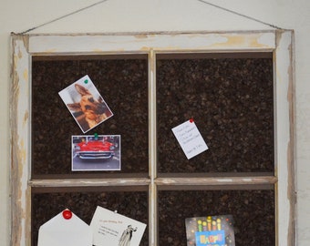 Message Corkboard in Vintage Wooden Window (no glass) - Naturally-aged Patina - 30"x30" - Ready to Hang - Local Pickup