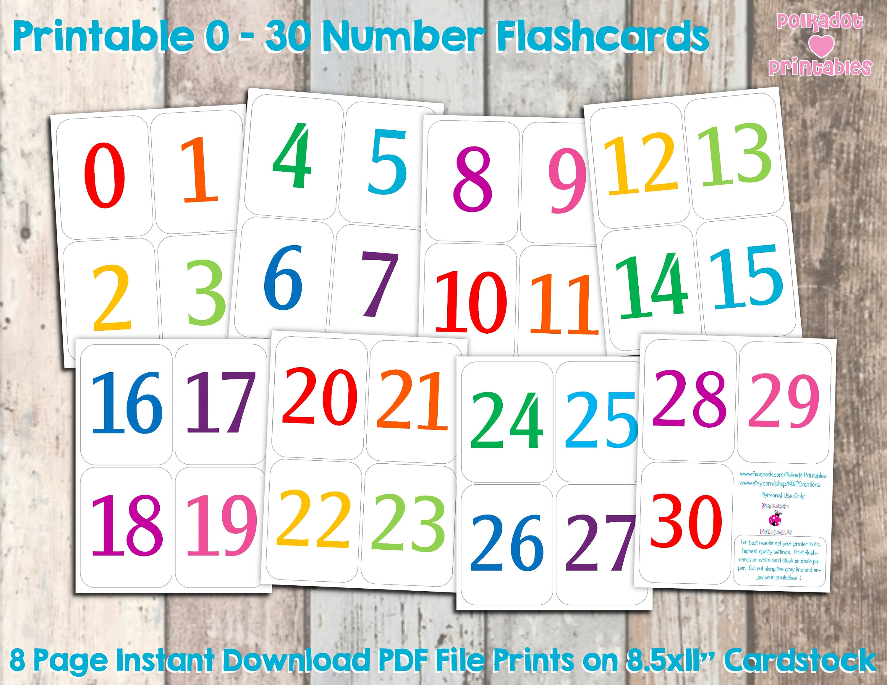 printable 0 30 number flashcards instant download