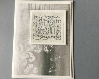 Collage dream graduation greeting card, handmade, pearlized, encouragement, support, silver embossing, inspirational, imagine, hope