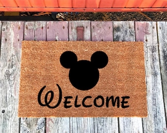 2 Sizes - Mickey Mouse Ears Disney Welcome - Coir Door Mat - Doormat - 18 x 30 and 24 x 36 - Housewarming Gift - Welcome Mat