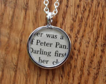 Peter Pan Book Page Necklace - JM Barre - 18 inch chain - Resin protected literary jewelry
