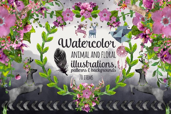 Watercolor Digital paper, Digital Clipart - Instant download - Animals Deer, Floral Flowers, Antlers, Backgrounds