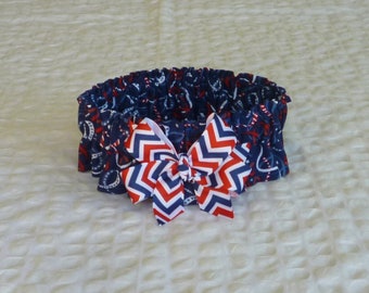 Star Ribbons Dog Scrunchie Collar - patriotic chevron bow - Size L: 16" to 18" neck