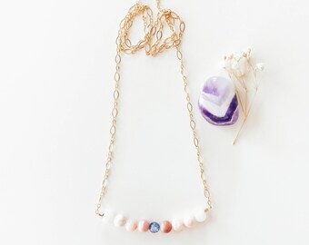 Pink Opal and Blue Kyanite Gold Necklace, 14k Gold Necklace, Pink Opal Necklace, Kyanite Necklace, October Birthstone, Opal Beads