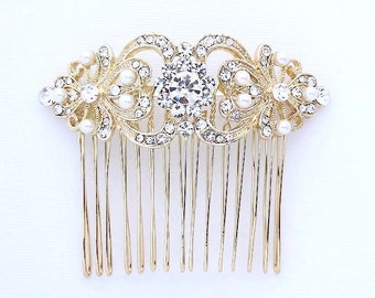 Gold Bridal Hair Comb, Gold Vintage Wedding Comb, Crystal Pearl Bridal Hair Piece, Rhinestone Gold Hair Clip, Gold Bridal Headpiece