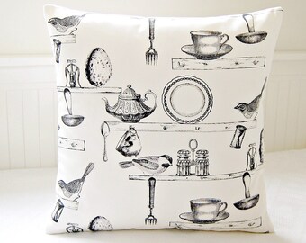 decorative pillow cover grey antique style kitchen teacup birds teapot, gray cushion cover 16 inch
