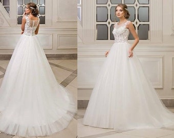A-Line Vintage Inspired ,Wedding Dress with Lace Corset, Illusion Neckline , Lace Wedding Dress, Chiffon Skirt with Tulle Layer,Open Back,