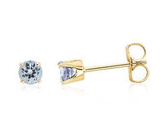 14K Aquamarine Stud Earrings, 14K Yellow Gold Blue Aquamarine Gemstone Earrings - 3mm Round- March Birthstone - Gift - Second Piercing
