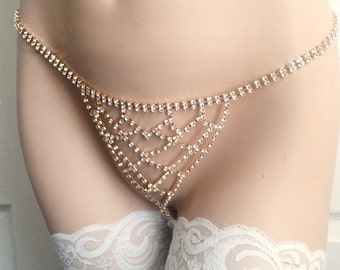 Gold rhinestones lingerie thong gstring panties chain body jewelry burlesque exotic dancer belly