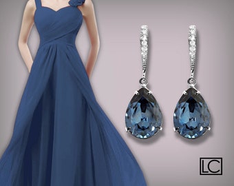 Blue Crystal Wedding Earrings Denim Blue Rhinestone Earrings Swarovski Dark Blue Silver Earrings Teardrop Dangle Earrings Bridesmaid Jewelry