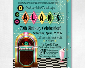 Retro 1950s Birthday Party, 50s Jukebox Invitations, Retro Sock Hop 1950s Theme, Poodle Skirt 50s Party, Rock Around The Clock Party, DI3004