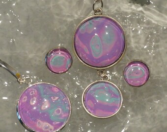 3pcs pink,turquoise,purple, abstract set, wearable art, statement jewelry, custom, hand painted, abstract design, unique and tasteful.
