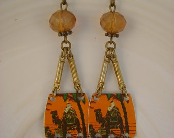 Midnight at the Oasis - Vintage Orange Camel Tins Crystals Recycled Repurposed Dangle Swing Jewelry Earrings - Ten Year Anniversary Gift