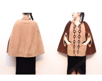 70's Genuine Leather Suede Shawl Cape Vintage Clothing Retro Overcoat Jacket Swedish Holland 60's 80's 90's