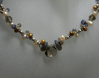 Smoky Quartz, Iolite and Freshwater Pearl Sterling Silver Cluster Necklace