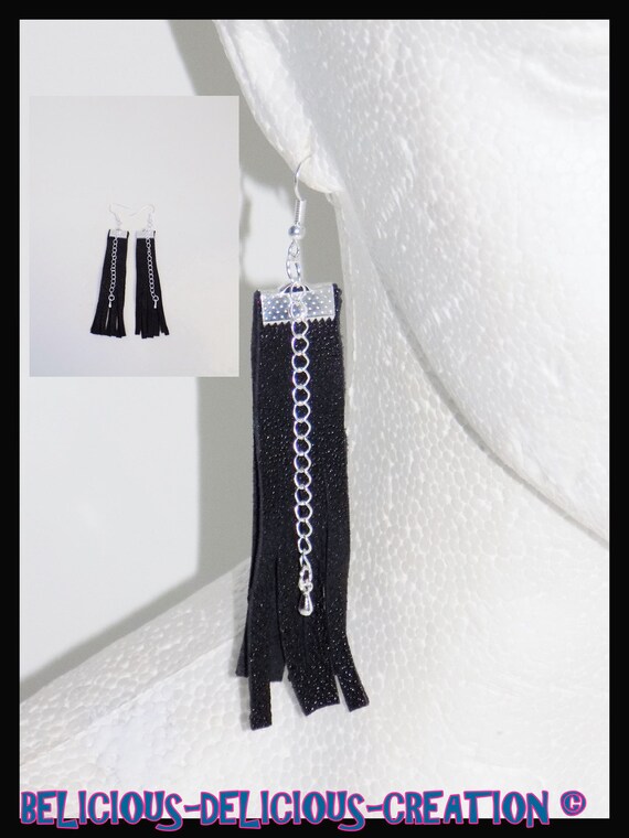 Original earrings! FRINGED! Leather 7.5 cm x 1.5 cm belicious delicious creation