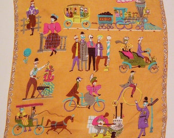 Large Vintage Burmel Hankie with Barbershop Quartet Train Automobile Horse & Carriage Hankie