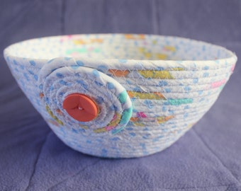 Fabric Coiled Basket / Coiled Rope Bowl / Coiled Clothesline / White Periwinkle Blue Polka Dot Medium Round by PrairieThreads