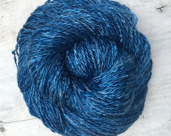 Handspun Naturally Dyed Tencel and Hemp 2-Ply Yarn in Indigo Blue Vegan Raw Silk
