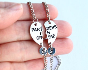 PARTNERS IN CRIME bracelet, initials friendship bracelet set, best friends, best bitches, broken heart set, sisters gift jewelry
