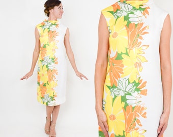 60s Yellow Floral Dress | Sleeveless Shift Dress | Gerard | Medium