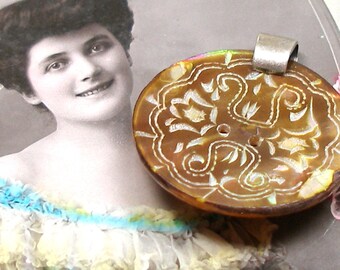 Antique BUTTON pendant, Victorian carved mother-of-pearl in yellow, pink green. One of a kind jewellery.