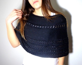 Black cotton bolero, hand knitted black bolero, black summer poncho, matte black yarn for little stylish shrug