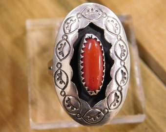 Hand Stamped Coral Ring with Sterling Silver Size 7.5