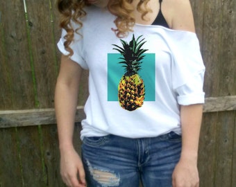 Pineapple slouchy tee, Summer shirt, slouchy shirt, Pineapple tshirt, cute t-shirt, Dolman, Slouchy Shirt, White Slouchy Off shoulder.