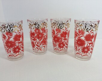 Retro Hazel Atlas Red and Metallic Gold Tumblers Mid Century Vintage 1950s Set of 4