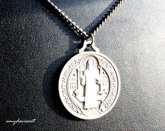 St Benedict Necklace, Catholic Jewelry for Men, LARGE St Benedict Medal, Saint Benedict Prayer, Patron Saint Jewelry, Fathers Day 2018