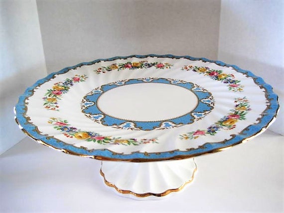 Crown Staffordshire Cake Plate, Footed Tall, Blue Lyric Pattern, Fine Bone China England