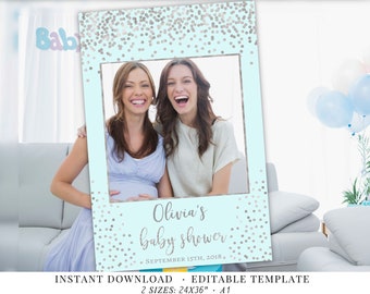 Photo Booth Frame Baby Shower BOY Photo Prop Frame Baby shower Blue Silver Confetti Printable Photo Booth Editable Photobooth Template