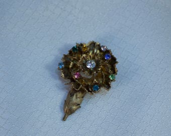 Beautiful Vintage Gold Vermeil over Sterling Rhinestone Crusted Carnation Brooch