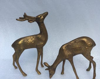 Vintage Mid Century Modern Brass deer, Vintage Set of 2 Brass deer, standing deer, Buck and doe, box B