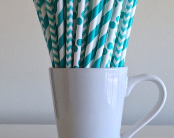 Teal Paper Straws Aqua Striped, Chevron, Polka Dot Party Supplies Party Decor Bar Cart Cake Pop Sticks Party Graduation