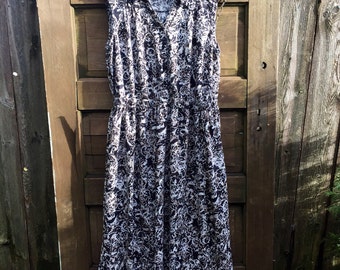 Vintage 90's Black Abstract Print Rayon Sleeveless Pin Up Style Maxi Dress by Erika Size Medium