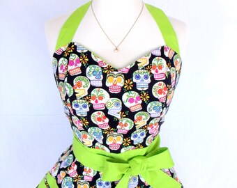 Day of the Dead Sugar Skulls Retro Apron with Chartreuse Lime Green Rockabilly