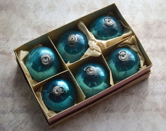 Box of 6 Vintage Blue Glass Japanese Kugel Christmas Ornaments 1 1/8"